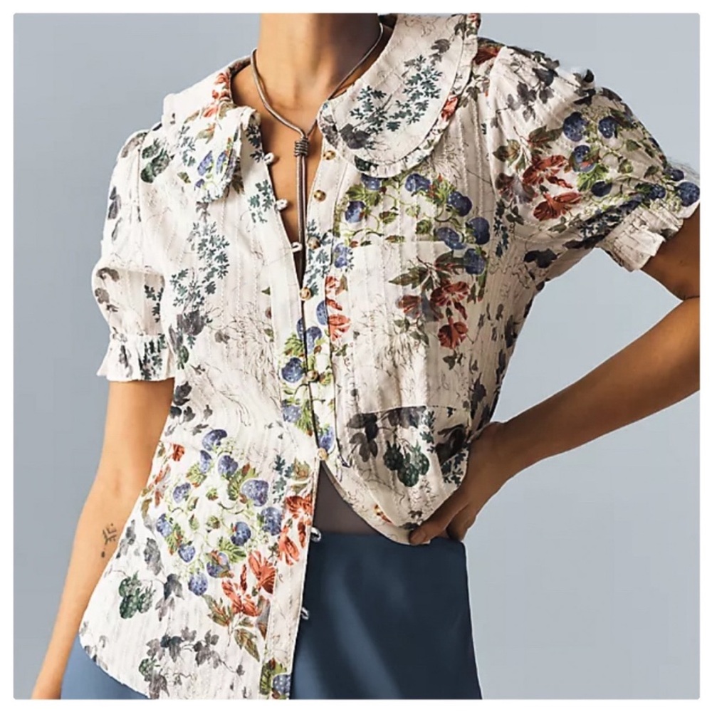 ANTHROPOLOGIE PILCRO BUTTON FRONT TEXTURED FLORAL PRINT FEMININE TOP SIZE LARGE